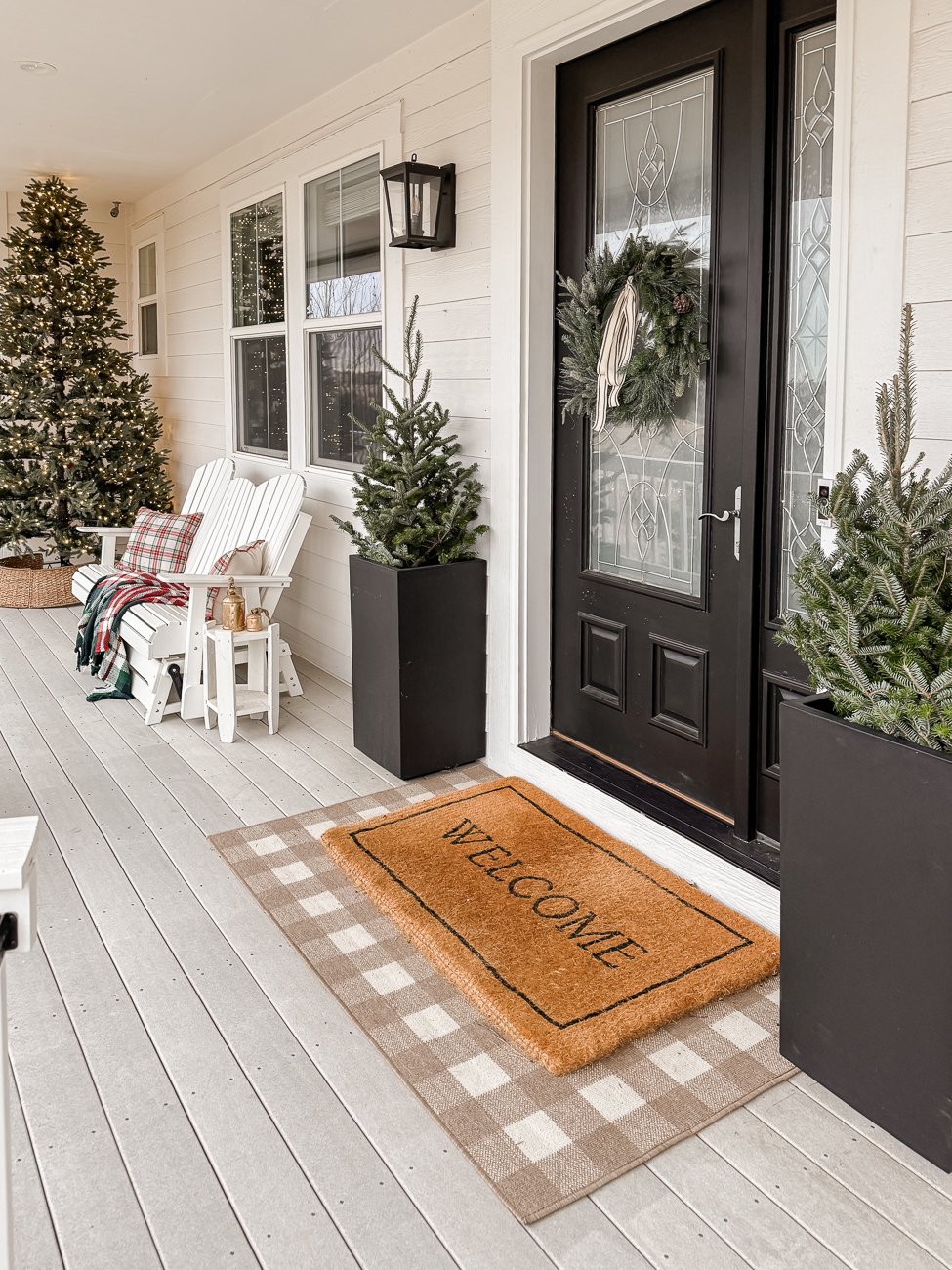 Cozy Farmhouse Christmas Porch. Modern farmhouse porch decorated for Christmas. 