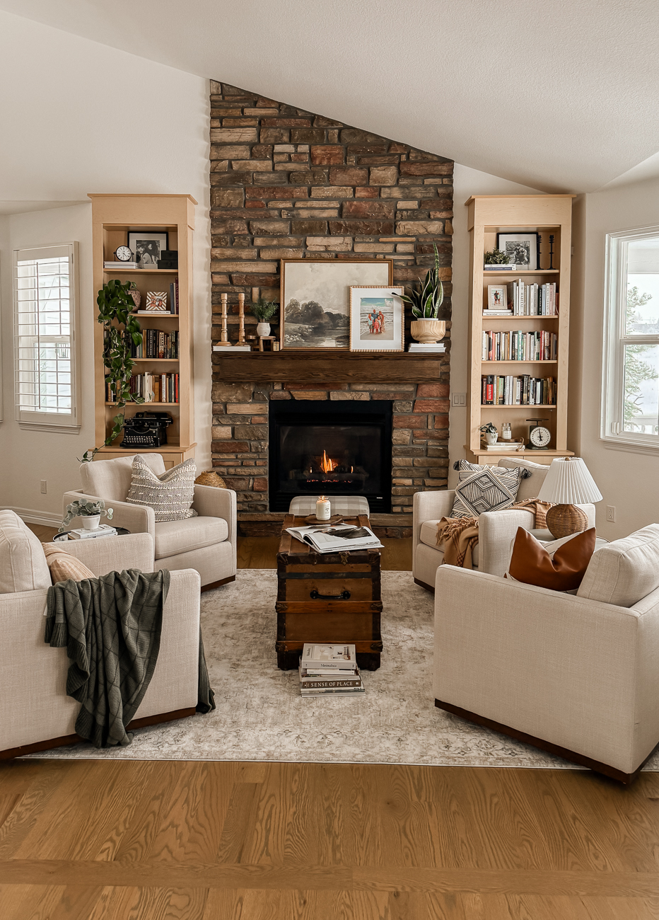 Bookshelves in the Front Room! Cozy sitting room with bookshelves on either side of fireplace.
