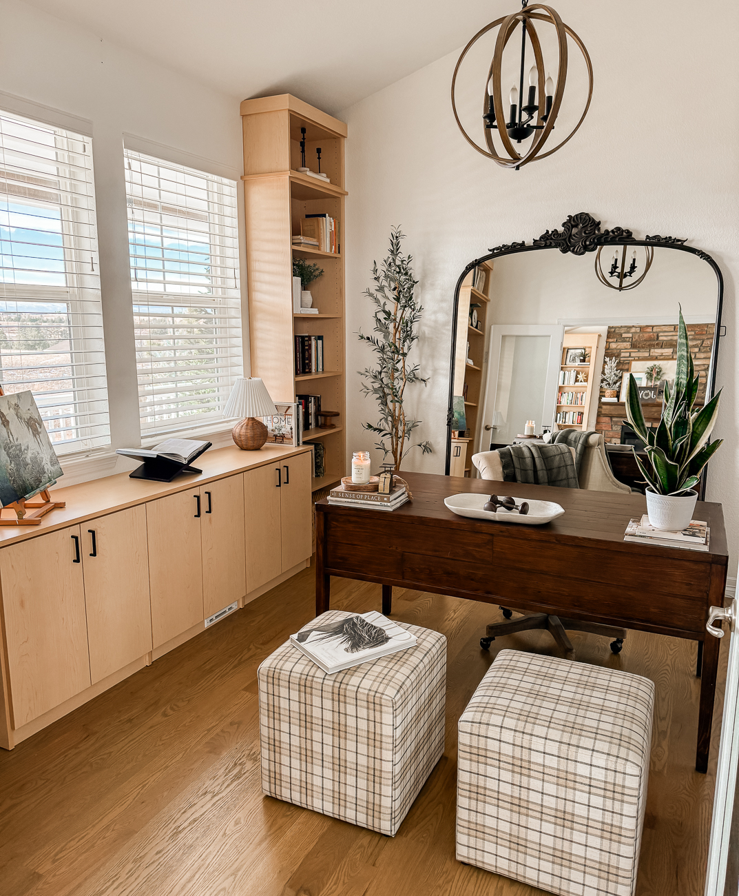 Home Office Transformation. Office makeover with bookshelves and cozy desk area.